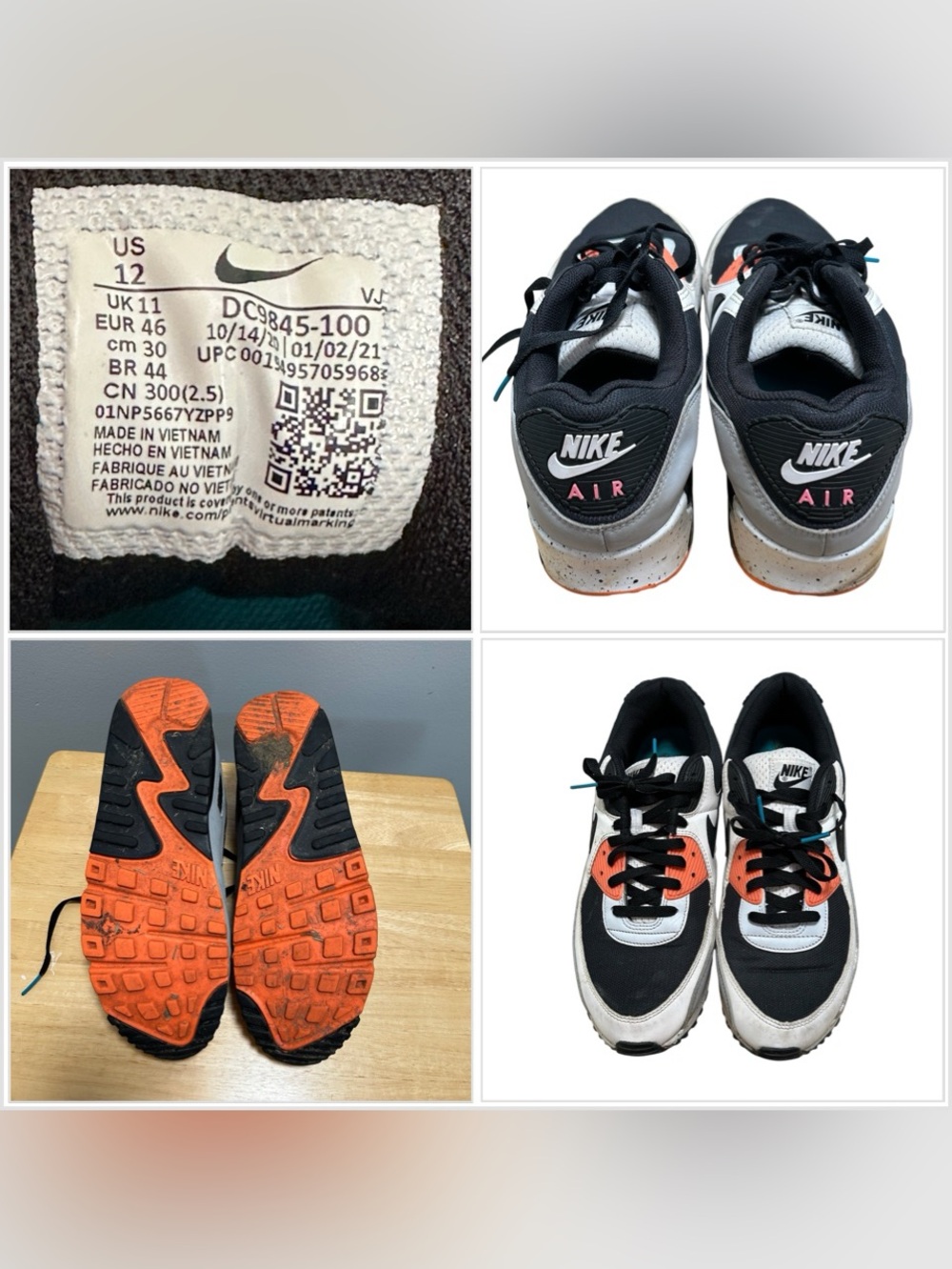 Men’s 12 EUR 46 Nike Air Max 90 White Orange Leather Low Trainers Shoes Sneakers